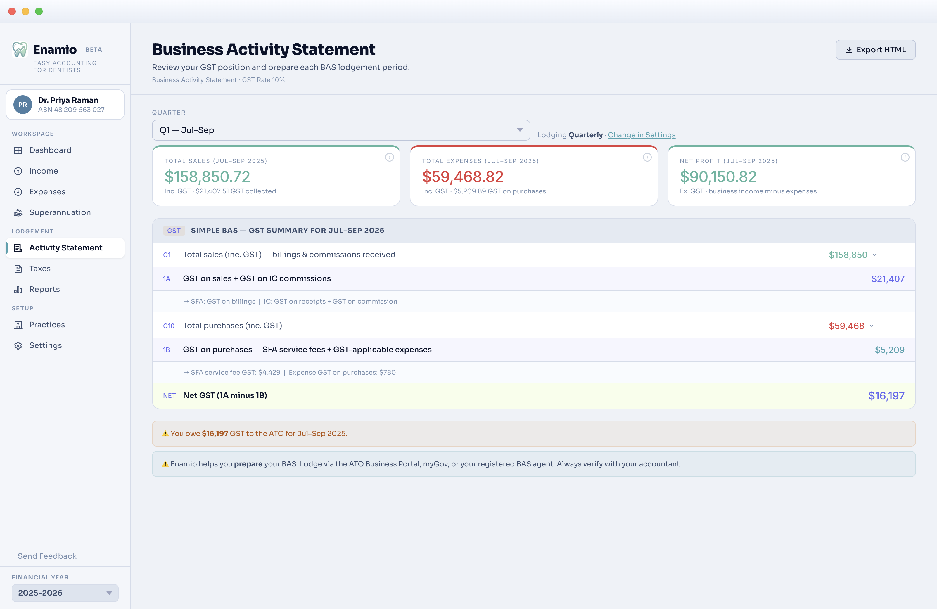 Enamio business activity statement screen showing GST and BAS fields
