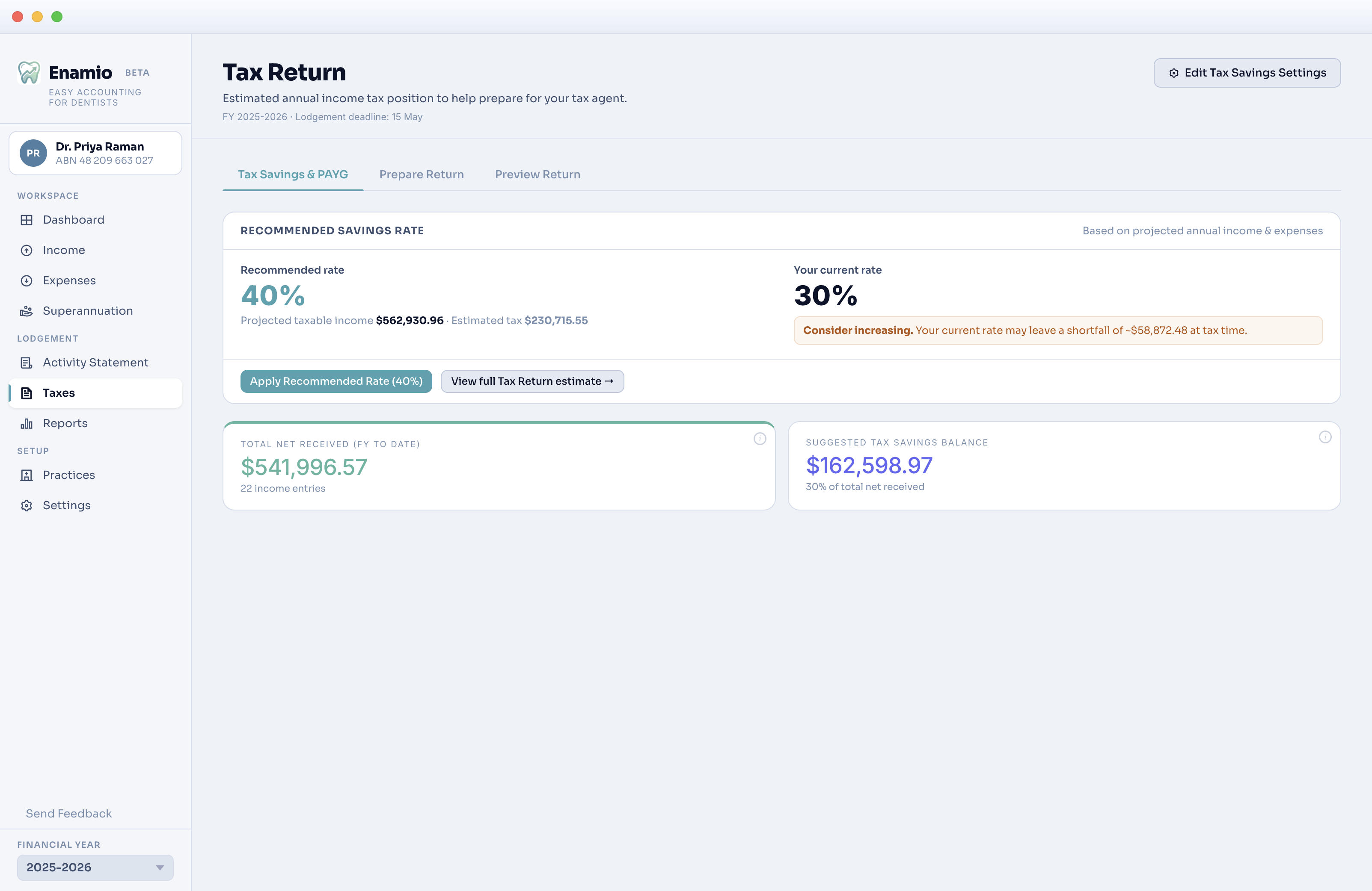 Enamio tax return screen showing recommended tax savings and PAYG planning